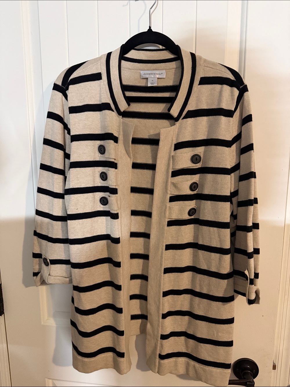 Christopher & Banks Cream & Black Striped Button-Accent Cardigan